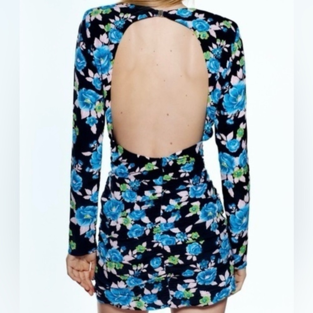 🆕 Zara Blue Floral Open Back Mini Dress XS | Long Sleeve Ruched - Picture 4 of 17